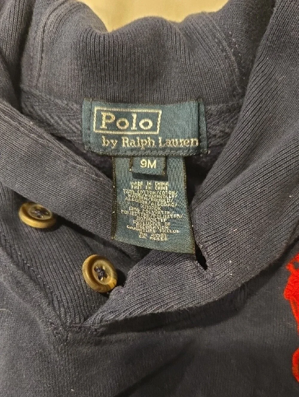Ralph Lauren Navy Pullover Hoodie with Red Polo Logo and Sleeve Stripes 9MO
